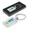 The Trends Rectangular Metal Key Ring is a metal key ring with shiny plated chrome finish.  Branding available on both sides.  Black gift box.