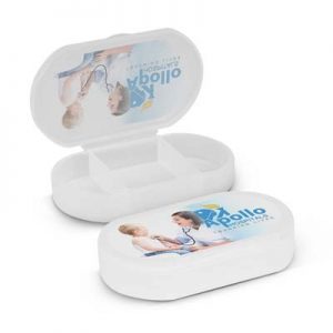 The Trends Pill Box is a 3 compartment pill box.  Available in Frosted Clear.  Branding available.  Great medical or health related promotional product.