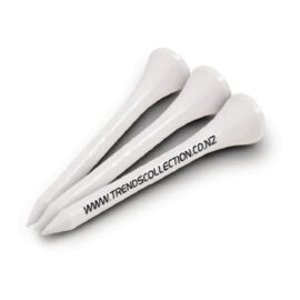 The Trends Golf tee are wooden golf tees. Perfect for corporate gifts and golf clubs. Available in White and can be branded via pad print.