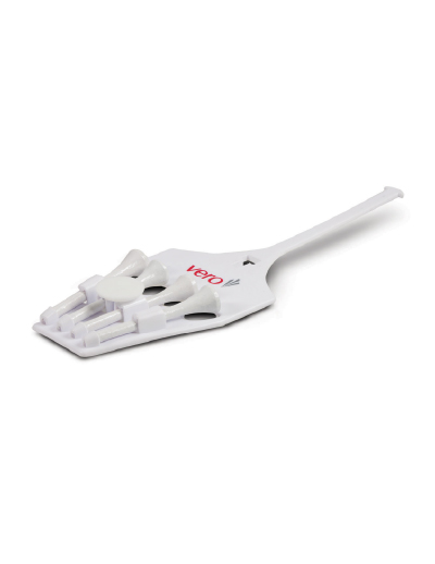 The Trends Golfers Tee & Marker Holder holds 4 tees and a marker. Can be attached to golf bag. In White. Branding on holder, tees & marker.