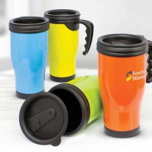 The Trends Collection Commuter Thermal Mug is a 500ml thermal mug. Push on lid. 11 colours. Great branded thermal reusable coffee mugs.