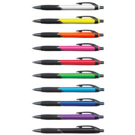 The Trends Collection Jet Pen Coloured Barrels is a retractable plastic & metal ball pen with a soft rubber grip.  Available in 11 colours.  Black Ink.