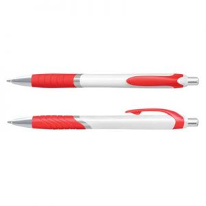 The Trends Jet Pen White Barrels is a retractable plastic & metal ball pen with soft touch rubber grip.  12 colours.  Black Ink.  Great promo pen.