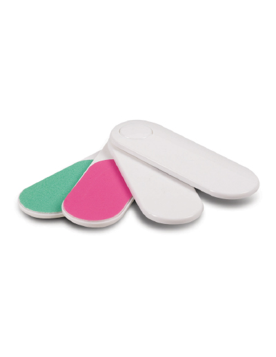 The Trends Collection Swivel Nail Care Kit contains 4 nail files & buffers in fold away kit.  In White.  Great branded promotional beauty product.