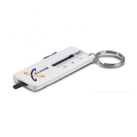 The Trends Tyre Tread Depth Gauge is a tool to measure tyre tread depth on a key ring.  White with black trim.  Great mechanical branded promo product.