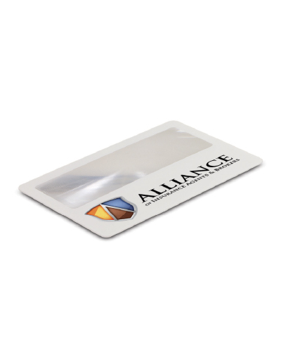 The Trends Collection Card Magnifier is a handy credit card sized magnifier.  Available in White & can be branded by pad print or direct digital printing.