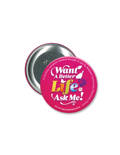 The Trends Collection Button Badge Round is a 90mm pin on button badge.  Full colour printing included in the price.  Great branded promotional badge for all occasions.