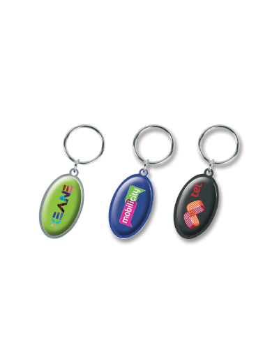 The Trends Surf Key Ring is a light weight metal key ring. 3 colours. Resin Coated. Great branded promotional key ring product.