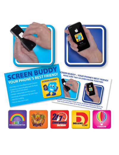 The Trends Screen Buddy is a compact mini screen cleaner. Sticks securely on back of phone. Full colour printing. Great promotional product.