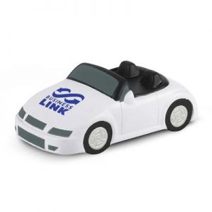 The Trends Stress Car is a car shaped anti stress toy made from P.U.  White with Black Trim.  Great branded anti stress promotional product.