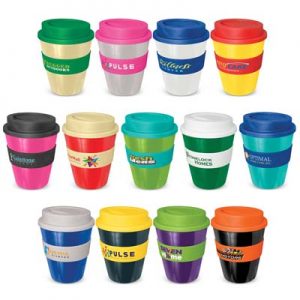 The Trends Express Cup 350ml is a reusable coffee cup with heat resistant band. Dishwasher safe. Great branded coffee drink ware promo product.