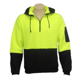 The Aurora Hi-Viz Pullover Hoodie is a half zip, 320gsm fleece, hi-viz hoodie with phone pocket.  NZ standards.  Available in Black/Yellow.  Sizes S - 5XL.