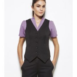 The Biz Corporates Womens Peaked Vest with Knitted Back is a 92% Polyester 8% Bamboo Charcoal vest. Available in Black. Sizes 4-26.