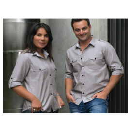 The Unlimited Editions Mens Midtown Shirt is made from 100% Premium Cotton. Has 2 chest pockets and roll up tab sleeves. Grey. Great work shirts.