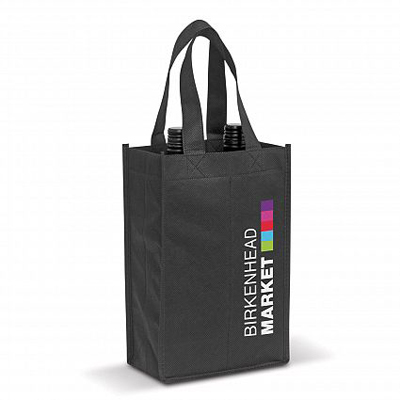 The Trends Collection Double Wine Tote is a tote bag with reinforced base.  Holds 2 bottles of wine.  80gsm.  In Black.  Great branded wine bag promotional product.