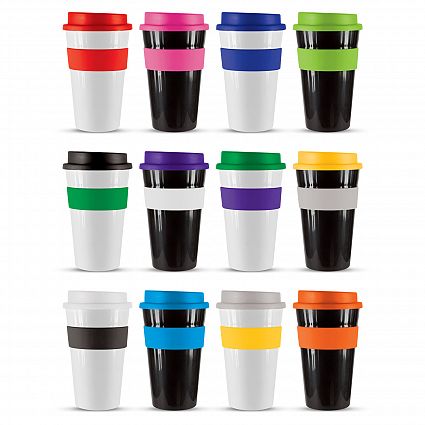 The Trends Collection Express Cup Classic 480ml is a reusable coffee cup with a heat resistant silicon band & screw on lid. Great branded promo product.