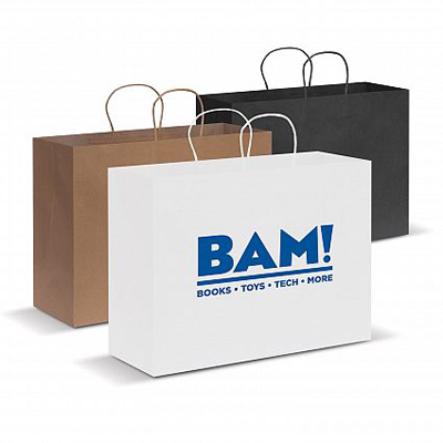 The Trends Collection Extra Large Paper Carry Bag is an extra large carry bag made from 160gsm paper.  In Natural, White & Black.  Great branded promo retail product.