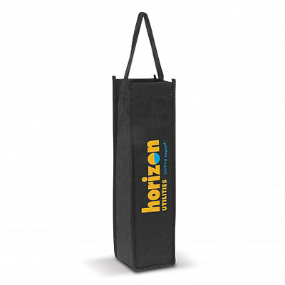 The Trends Collection Single Wine Tote is a tote bag that holds 1 wine bottle.  80gsm.  In Black.  Great branded promotional product or corporate gift.
