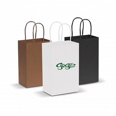 The Trends Small Paper Carry bag is a small carry bag made from 160gsm paper.  Available in Black, Natural and White.  Great branded promo retail product.