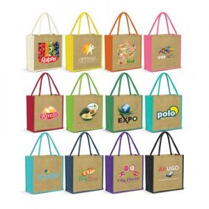 The Trends Monza Jute Tote Bag is a smart laminated jute tote bag with padded cotton handles.  12 colours.  Great branded bags & promotional products