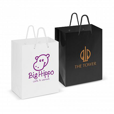 The Trends Collection Medium Laminated Bag is a high gloss carry bag.  Available in White & Black.  Great branded retails bags & promotional products.