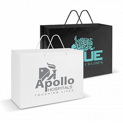 The Trends Collection XL Laminated Carry bag is extra large.  High gloss.  Great retail packaging promotional product.  Available in Black or White.  Screen Printed.