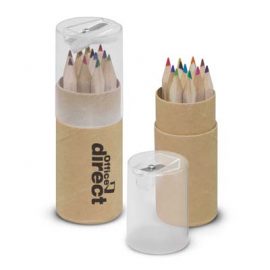 The Trends Coloured Pencil Tube has 12 assorted colour pencils.  Plastic Cap with in built sharpener.  Great branded school promotional products.