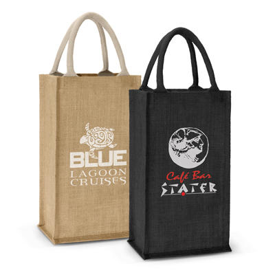 The Trends Donato Jute Double Wine Carrier is a 2 bottle wine carrier in natural jute & cotton handles.  2 colours.  Great branded wine bags.