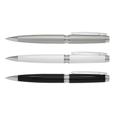 The TRENDS Ambassador Pen is a twist action brass ball pen.  Lacquered barrel, shiny chrome accents.  3 colours.  Black Ink.  Great branded pens.