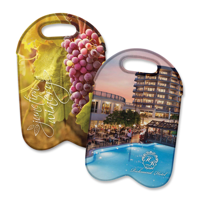The TRENDS Neoprene Double Wine Cooler Bag is a convenient cooler carry bag with 2 separate compartments.  Allows 2 wine bottles.  Sublimation printed.