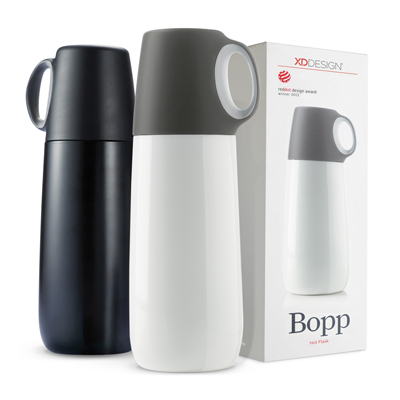 The Trends Collection Bopp Hot Flask is a 600ml double wall, vacuum insulated stainless steel flask.  White or Black.  Great branded drink flasks.