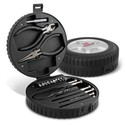 The Trends Collection Zephyr Tool Kit is a sturdy 24 piece tool set, shaped in a wheel case.  In Black.  Great branded tool kits & automotive promo products.