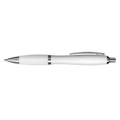 The TRENDS Vistro Pen Colour Match is a retractable plastic ball pen with shiny chrome trim.  Black Ink.  In Silver, White and Black. 