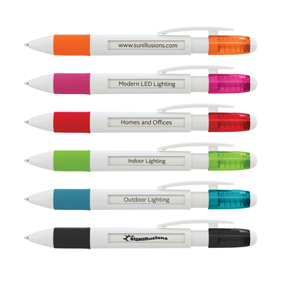 The TRENDS Vision Message Pen is a retractable plastic ball pen with white barrel.  Can have 6 different messages.  6 colours.
