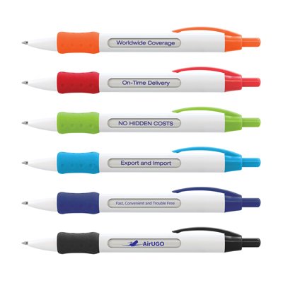 The TRENDS Atara Message Pen is a retractable plastic ball pen with white barrel.  Multi message available.  Great branded promo pens.