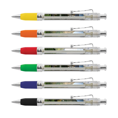 The TRENDS Pluto Banner Pen is a retractable plastic & metal pen with clear barrel. Pull out banner. 6 colours. Blue or Black Ink.