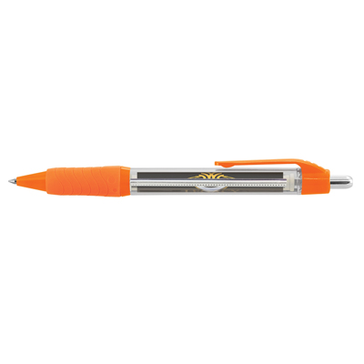 The TRENDS Aries Banner Pen is a retractable plastic ball pen with clear barrel and soft grip. Pull out Banner. Blue or Black Ink