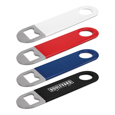 The Trends Collection Speed Bottle Opener is a small stainless steel bottle opener with soft touch vinyl coating.  4 colours.  Great branded bottle openers.