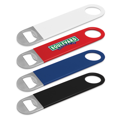The Trends Collection Speed Bottle Opener is a large stainless steel bottle opener with soft touch vinyl coating.  4 colours.  Great branded bottle openers.