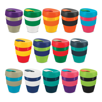 The Trends Collection Express Cup Deluxe 350ml is a reusable coffee cup with heat resistant band.  Screw on lid.  Great branded coffee drinkware promo product.