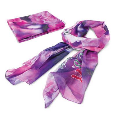 The Trends Collection Mayfair Scarf is a lightweight chiffon scarf branded full colour on one side.  Great branded practical promotional products.