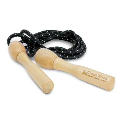 The TRENDS Rally Skipping Rope is a robust skipping rope with wooden handles and braided rope.  Natural/Black. Multiple branding options.