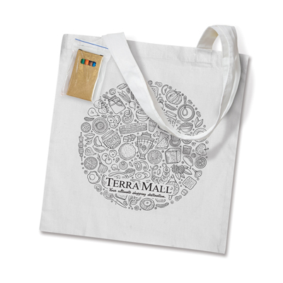 The Trends Collection Sonnet Colouring Tote Bag is an eco friendly  reusable 135gsm cotton tote bag.  Crayons provided.  Great branded colouring tote bags.