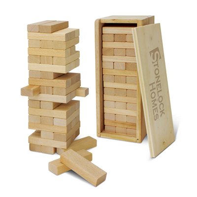 The Trends Collection Tumbling Tower is your favourite game of Jenga customised with your branding. 3 engraving positions. Branded fun games.