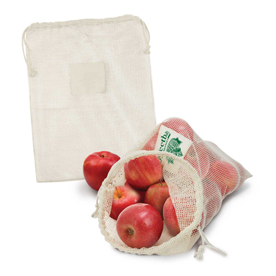 The Trends Collection Cotton Produce Bag is an unbleached cotton mesh produce bag.  Can be washed.  In Natural. Great branded eco friendly produce bags.