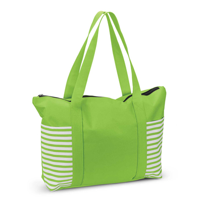 The Trends Collection Tahiti Tote Bag is a large tote bag with 2 striped slip pockets.  5 colours.  Great branded striped polyester tote bags.