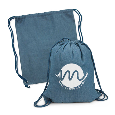 The Trends Collection Devon Drawstring Backpack is a trendy drawstring denim backpack.  Blue.  330gsm.  Great branded denim drawstring backpacks.
