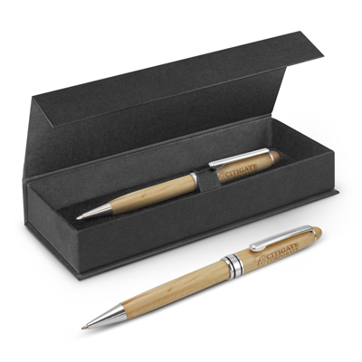 The Trends Collection Supreme Wood Pen is a twist action maple wood ball pen.  Chrome Accents.  Great printed or laser engraved eco corporate pens.