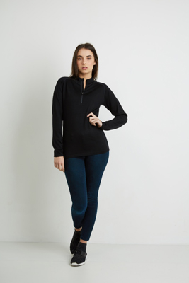 The Aurora Womens Half Zip Merino is made from heavyweight pure merino.  Quick drying, breathable & eco friendly.  In Black.  Great branded merino tops.
