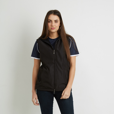 The Aurora Womens Club Vest has a bonded polyester outer.  Fashion fit.  Bonded outer with microfleece lining.  Available in Black. Sizes 8 -24